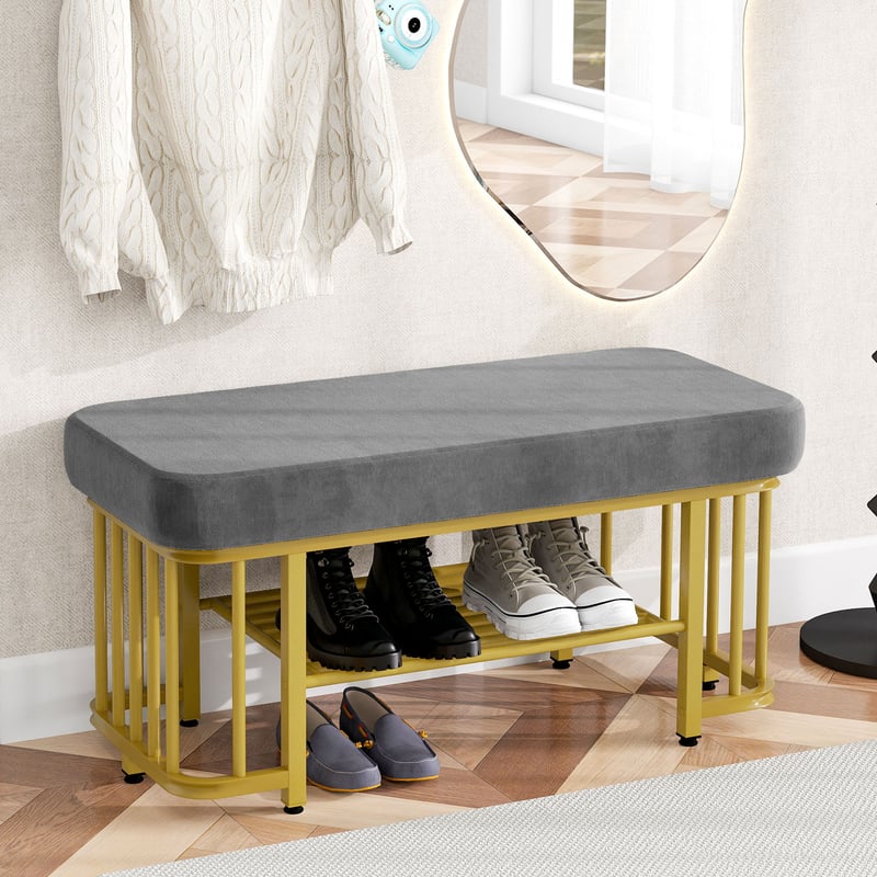 Ławka na buty z welurowym siedziskiem i złotymi metalowymi nogami - 80 x 35 x 39,5 cm - Szara