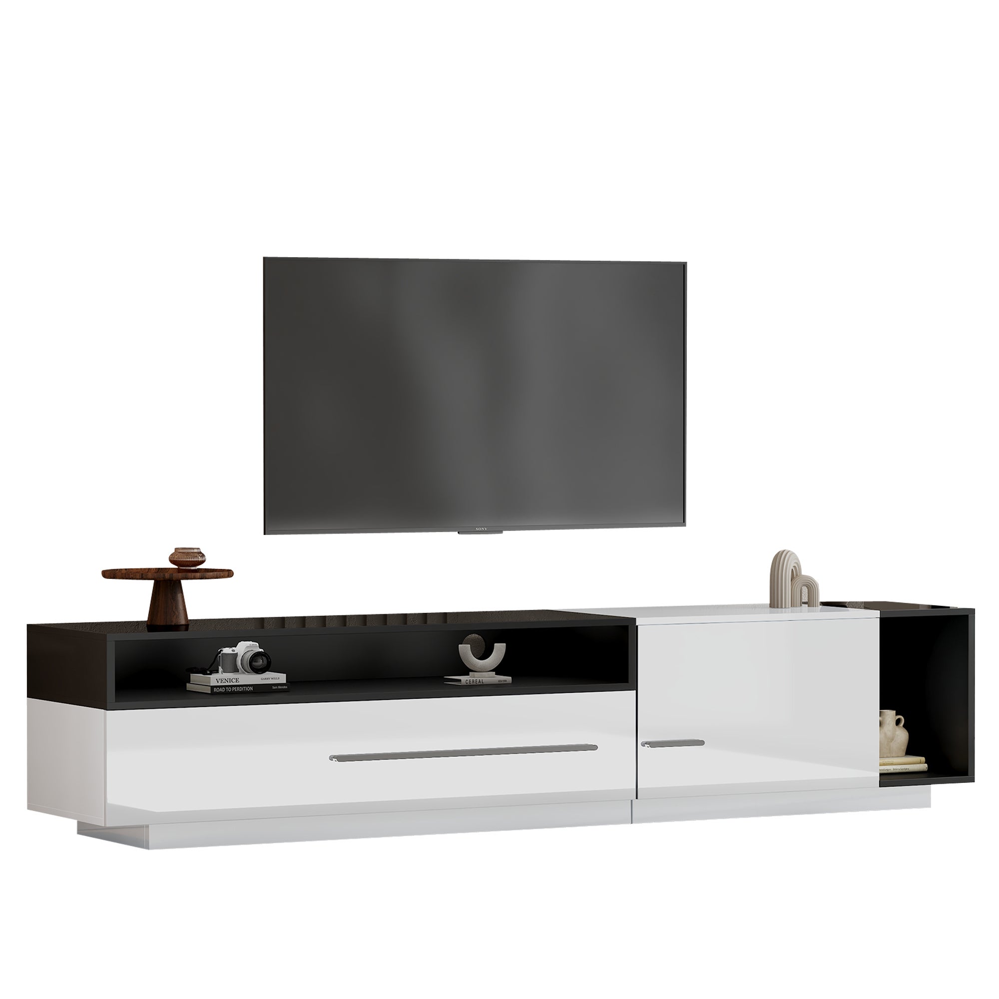 Meuble TV Moderne Avec Niches Ouvertes – Bords Lisses – 149,5 Cm X 41 Cm X 48 Cm – Poids 26 Kg – Charge Plateau 25 Kg – Assemblage Autonome – Design Contemporain