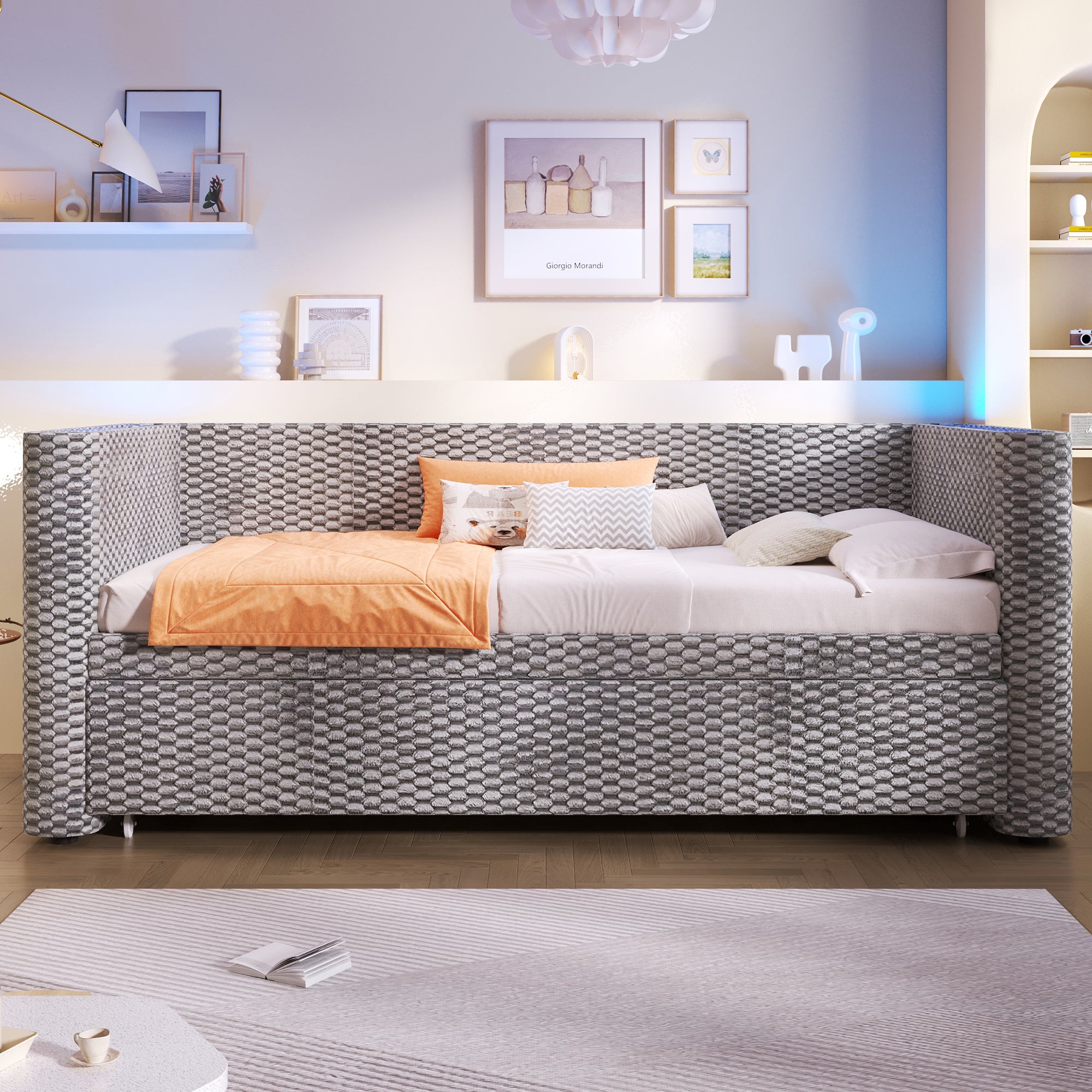 Rozkładana sofa 90/180x200cm - z wysuwane łóżko - z listwą LED - z stelażem lamelowym - welur - szary (materac nie jest wliczony w cenę) - 3
