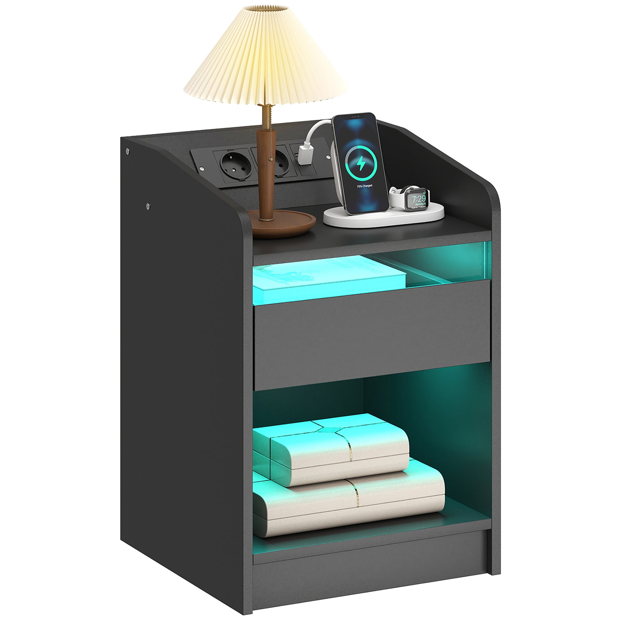 Table de Chevet LED 40x40x58cm avec Chargement USB et Tiroir Noir ...