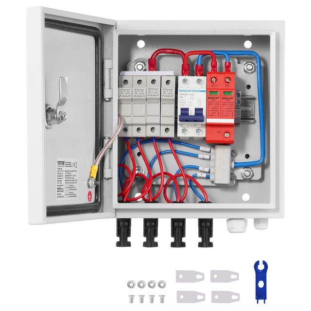 VEVOR Scatola Combinatrice Fotovoltaica, Scatola Fusibile Corrente Nominale 15A, Interruttore Automatico 63A e Protezione da Sovratensione, Acciaio pe