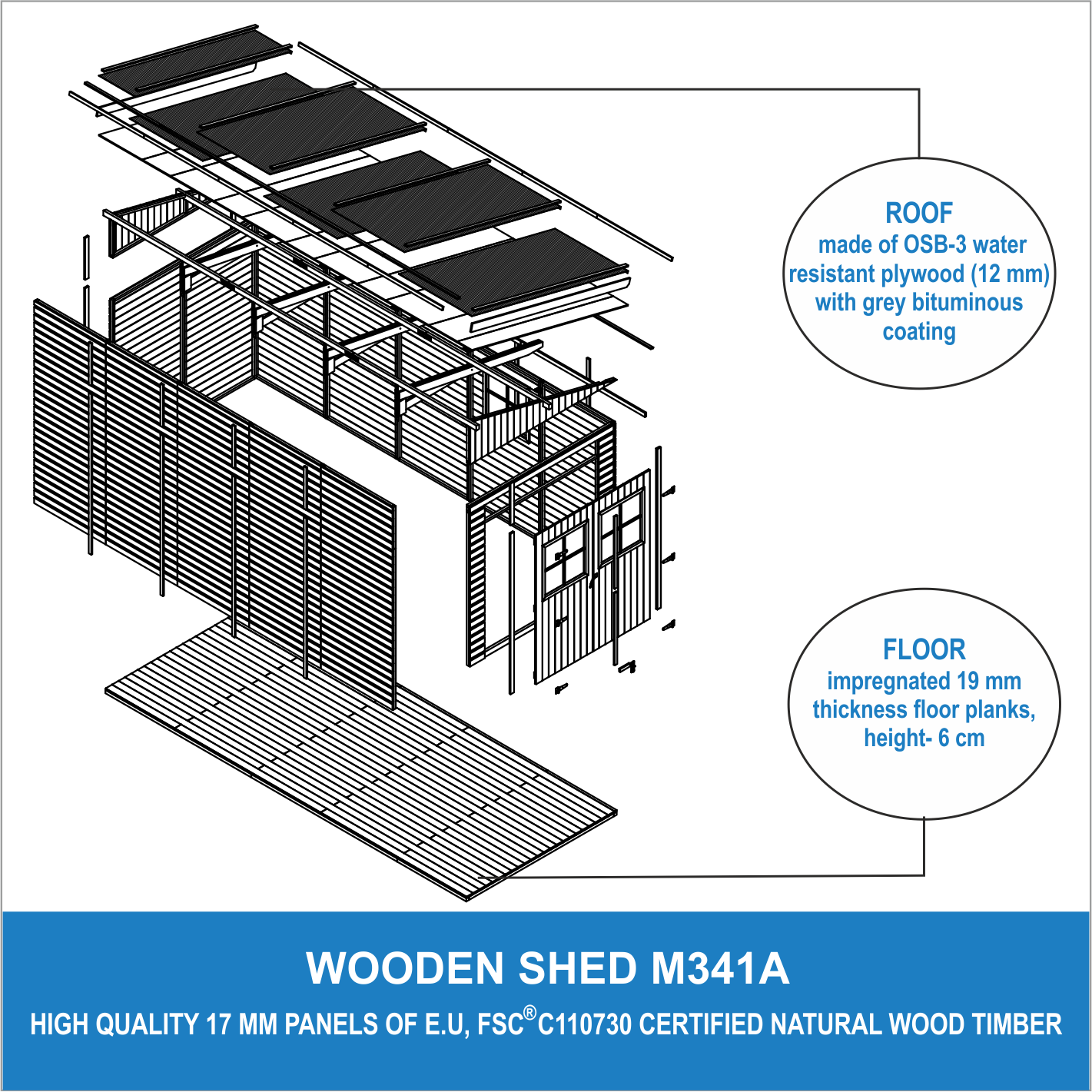 Cobertizo de madera para jardín CON PARED LATERAL- CON SUELO TRATADO– H244x216x514 cm/10.2m2 Cobertizo de madera natural - TIMBELA M341A+M341G - 7