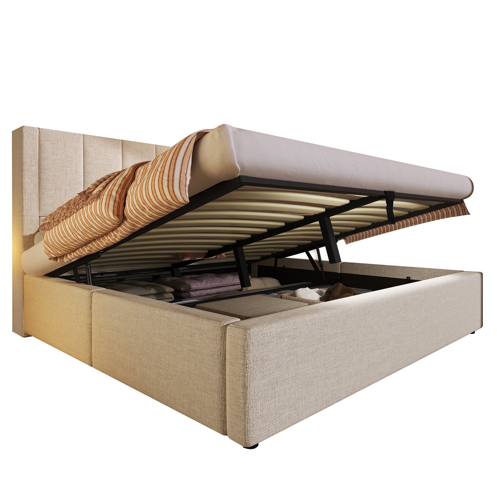 Lit coffre 140 x 190 cm avec porte-gobelet caché et station de charge - Tissu en lin et sommier à lattes - Beige (matelas non inclus) - 7