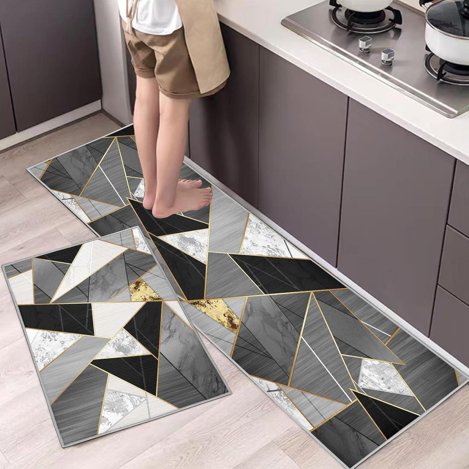 Zestaw 2 antypoślizgowych mat kuchennych, chłonnych, odpornych na olej i kurz, (szary geometryczny, 40 x 60 + 40 x 120 cm)