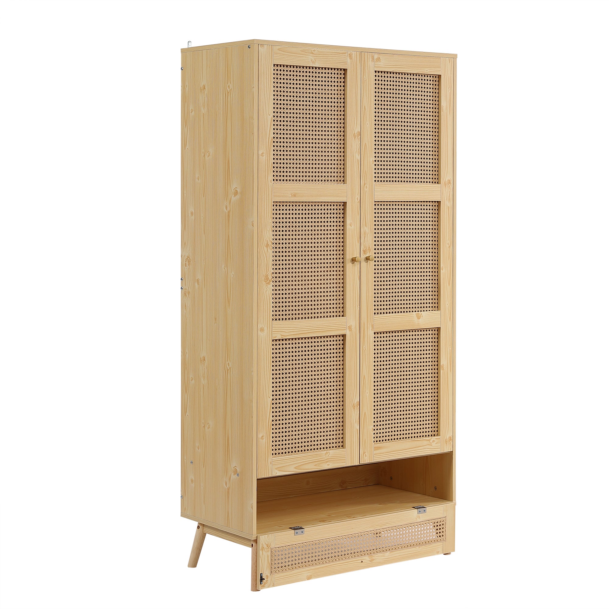 Armoire avec tringle - 2 portes grillagées en rotin et 1 compartiment abattant - Naturel - 9