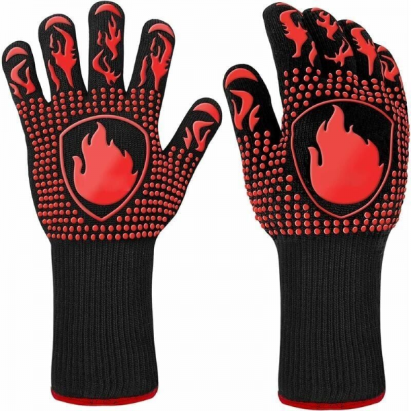 Rękawice do grilla - Rękawice odporne na ciepło do 800°C - Włókno trudnopalne - 1 para - Czerwone