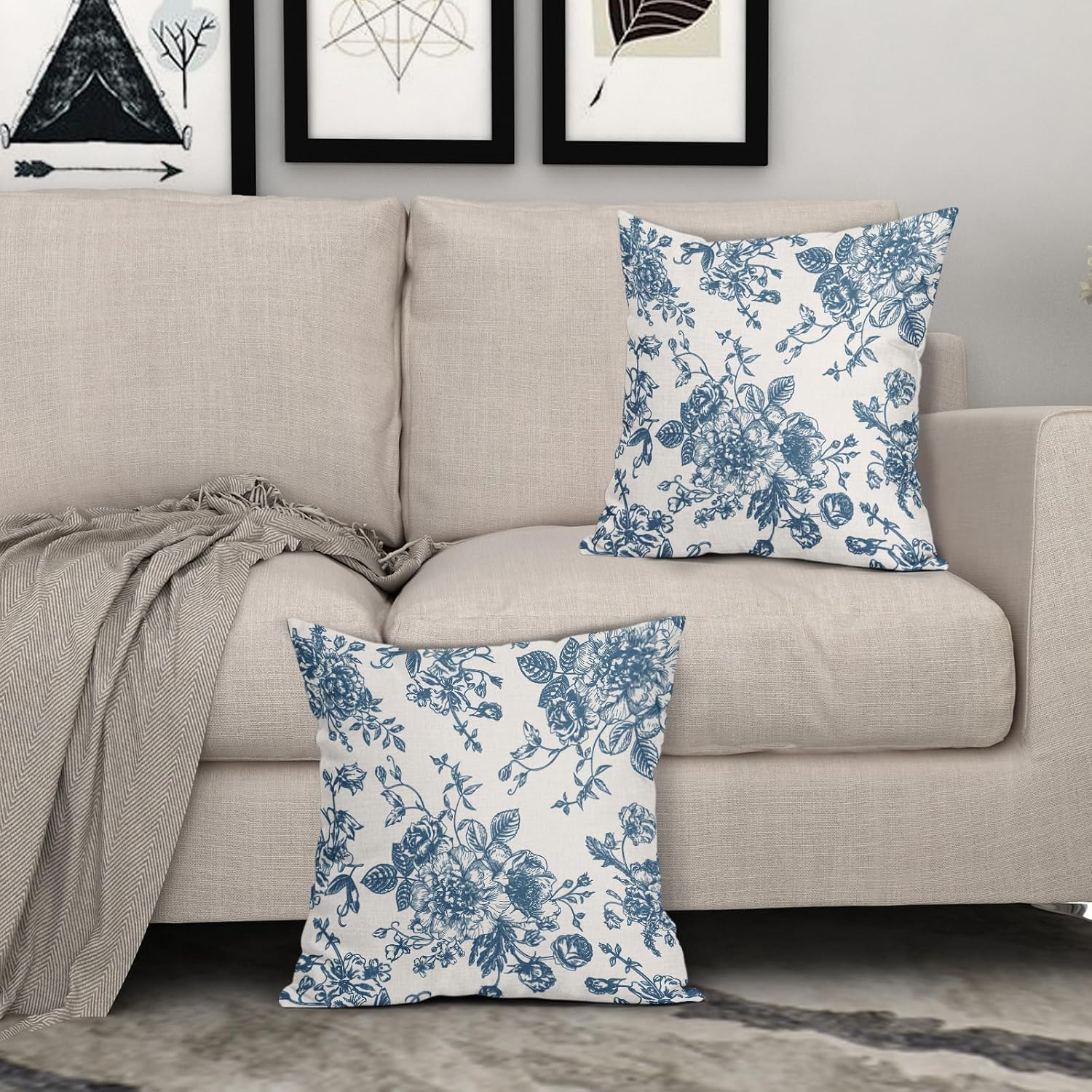 Lot de 2 housses de coussin vintage à motif floral bleu océan et crème 50,8 x 50,8 cm, taies d'oreiller rustiques pour canapé, décoration d'intérieur - 3