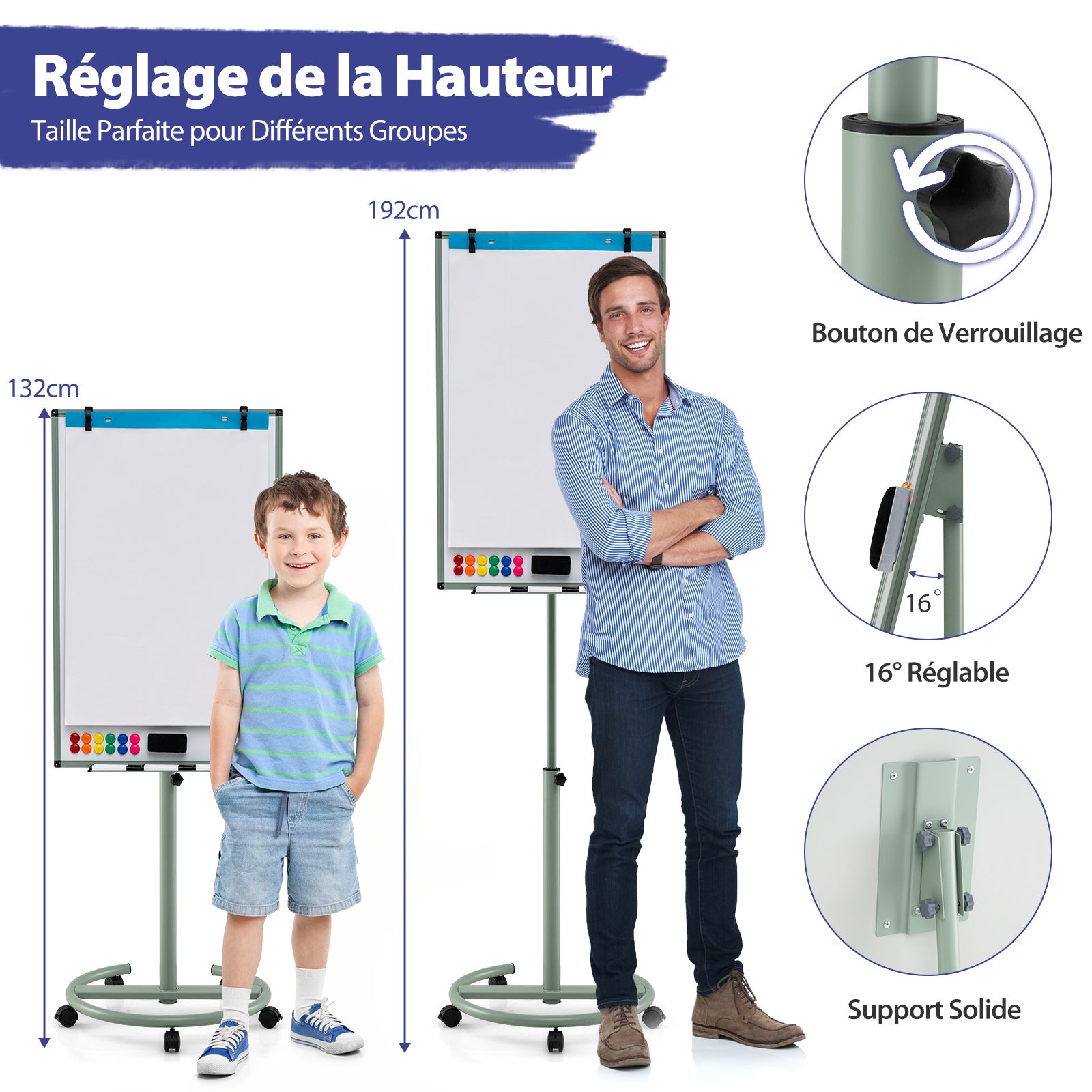 Tableau Blanc Effacable 65x100cm, Tableau Blanc Double Face, Hauteur Réglable sur 2 Positions,Tableau Magnetique Mobile (65x100cm, Vert) - 5
