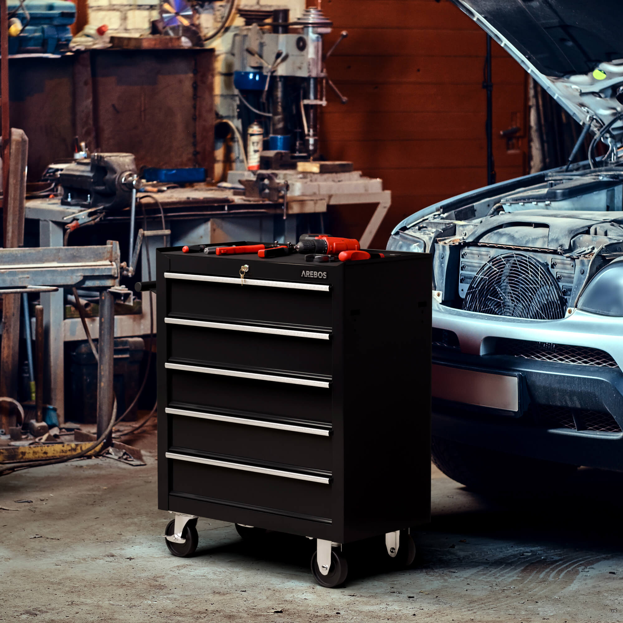 AREBOS Chariot d’atelier avec 5 tiroirs – robuste, sécurisé, mobile et idéal pour organiser tous vos outils efficacement - 8