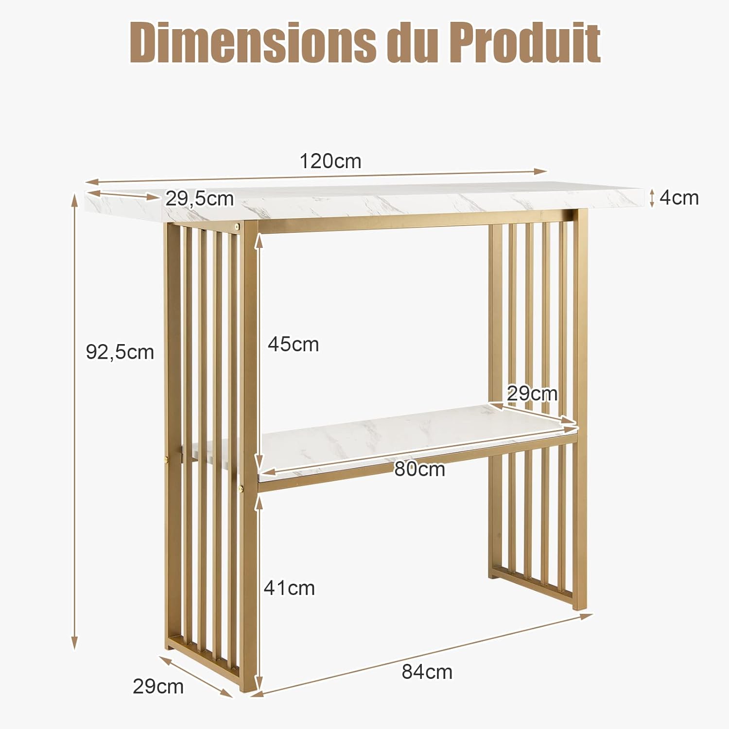 Table Console à 2 Niveaux, Cadre Métallique et Plateau de Marbre, Table d'Entrée de Dispositif Anti-Chute, Charge 50KG - 3