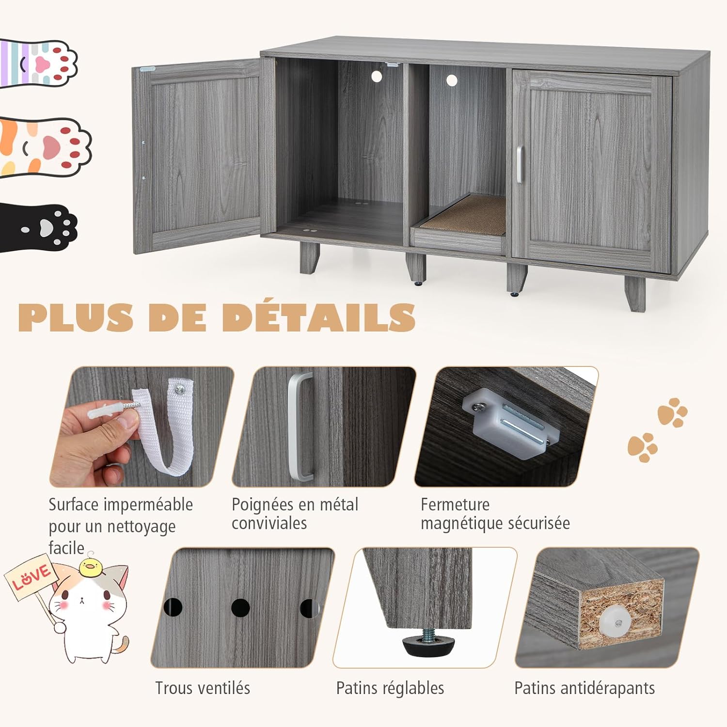 Caixa de Areia para Gatos 3 em 1, Móvel para Gatos com 2 Portas, Pernas Removíveis e Arranhador Removível Placa, Casa Interior para 2 Gatos - 5