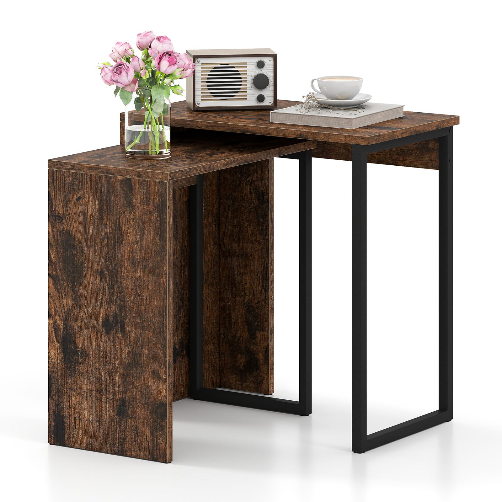 En.casa Lot De 2 Tables Basses Gigognes – Design Moderne Travertin Grège, 75x75x38 Cm, Style Nordique & Contemporain