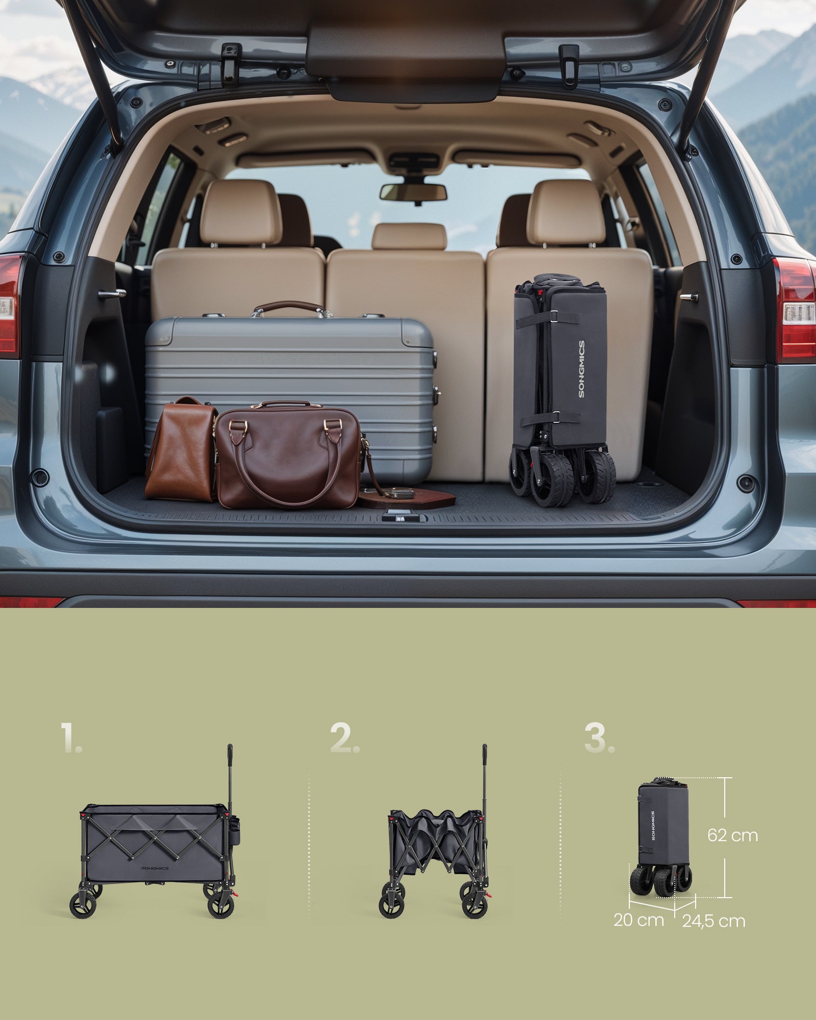 Chariot Pliable, Capacité de 150 L, Supporte Jusqu’à 150 kg, avec Poignée, 4 Roues Amovibles, pour Extérieur, Plage, Camping, Gris Ardoise - 3