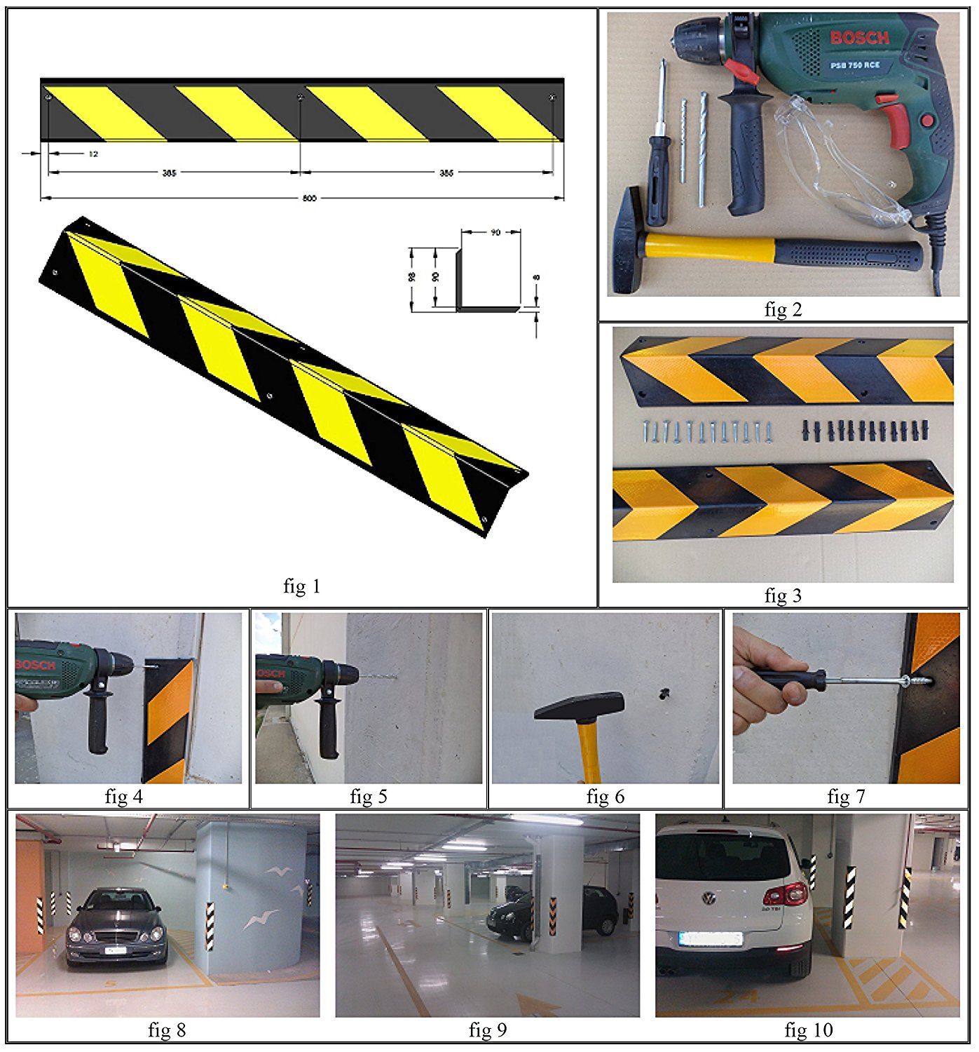 PARKING FACIL Protezione Angolare In Gomma 80x10x10 Cm – Nero E Giallo Con Viti Per Parcheggi E Magazzini (2 Pezzi)