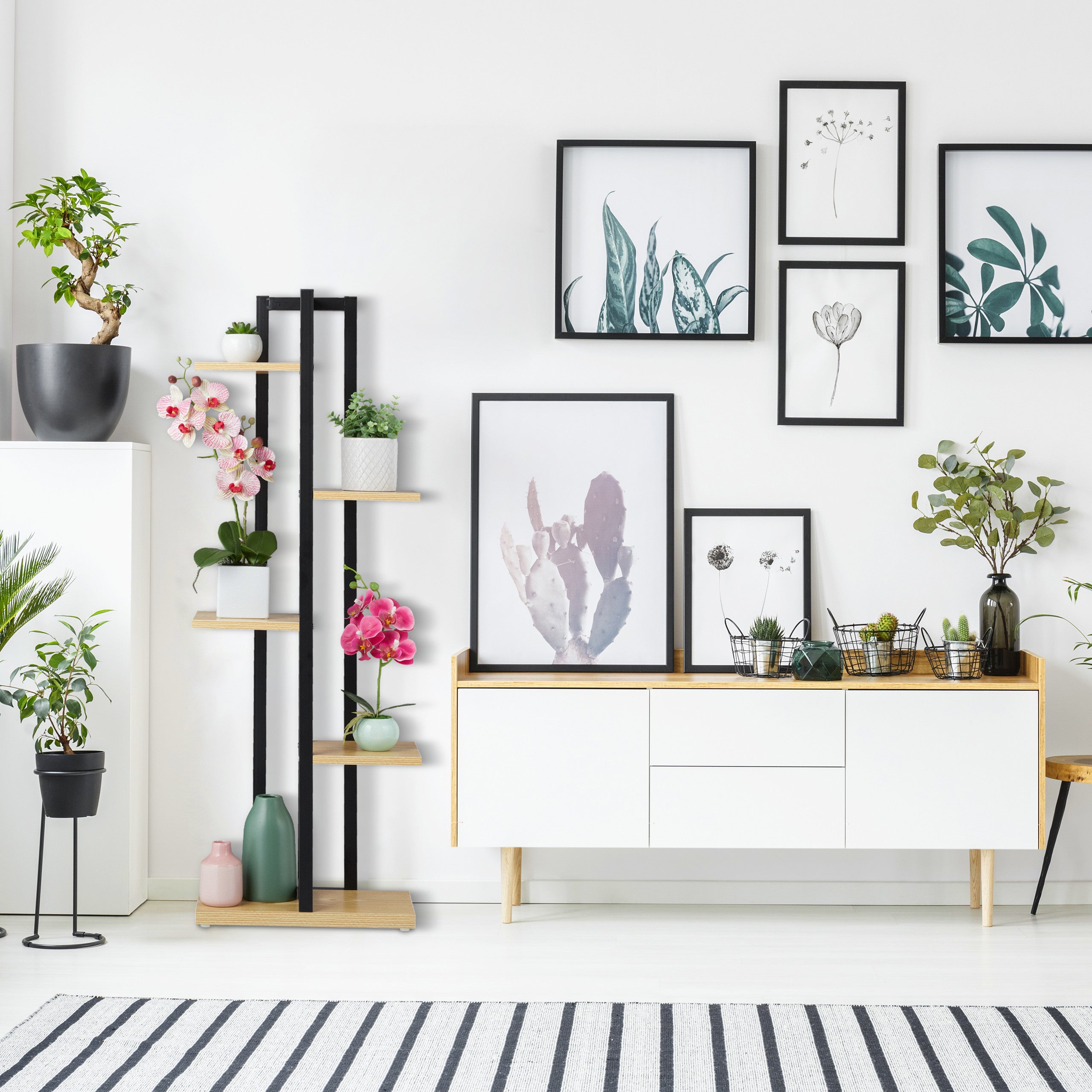 Étagère à plantes, escalier fleurs, 5 niveaux, HLP 117 x 43 x 22 cm, acier MDF, support intérieur, brun clair, Relaxdays - 2