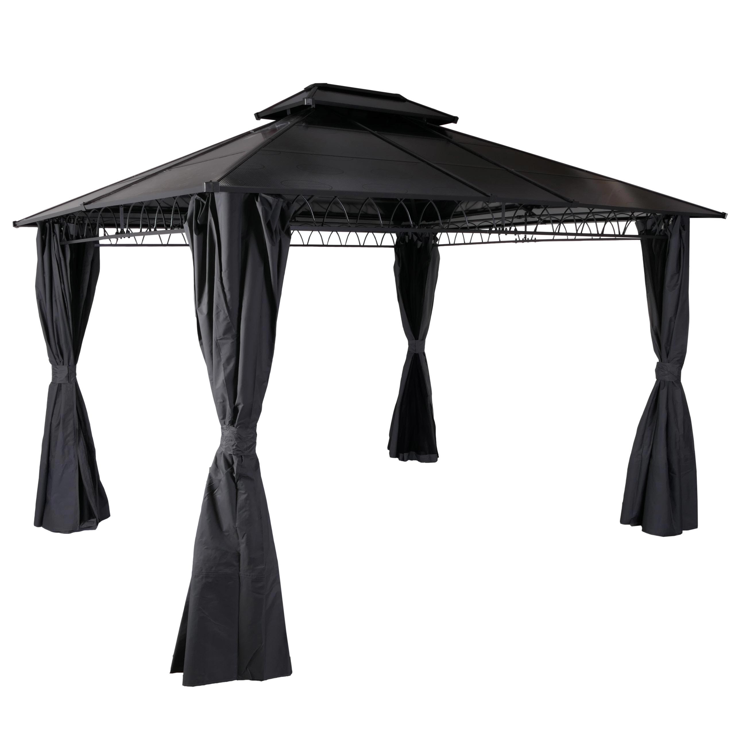 Hardtop pergola HWC-M81, pawilon, aluminiowe rozpórki dachowe 7cm stalowa rama ze ścianą boczną i moskitierą 3.6x3m ~ szary