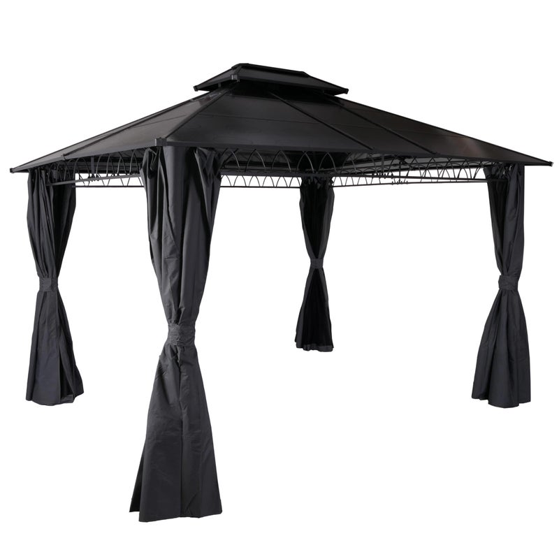 Hardtop pergola HWC-M81, pawilon, aluminiowe rozpórki dachowe 7cm stalowa rama ze ścianą boczną i moskitierą 3.6x3m ~ szary