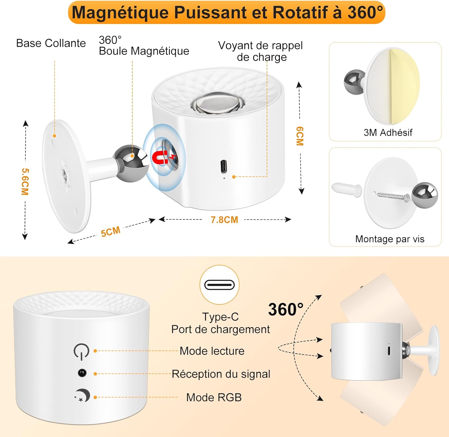 Lampe murale à LED double face avec télécommande,contrôle tactile,3 Couleurs,USB,rechargeables,à 360°- Blanc - 7