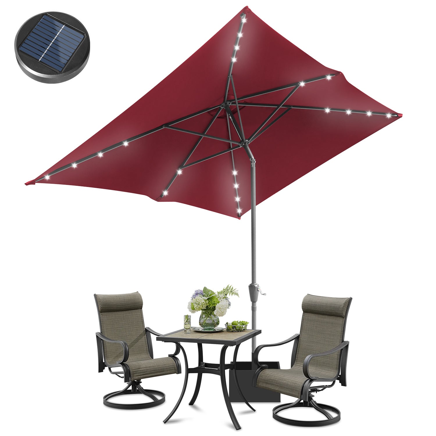 Parasol ogrodowy LED solarny z ochroną UV i funkcją pochylania Ø210x140cm czerwony