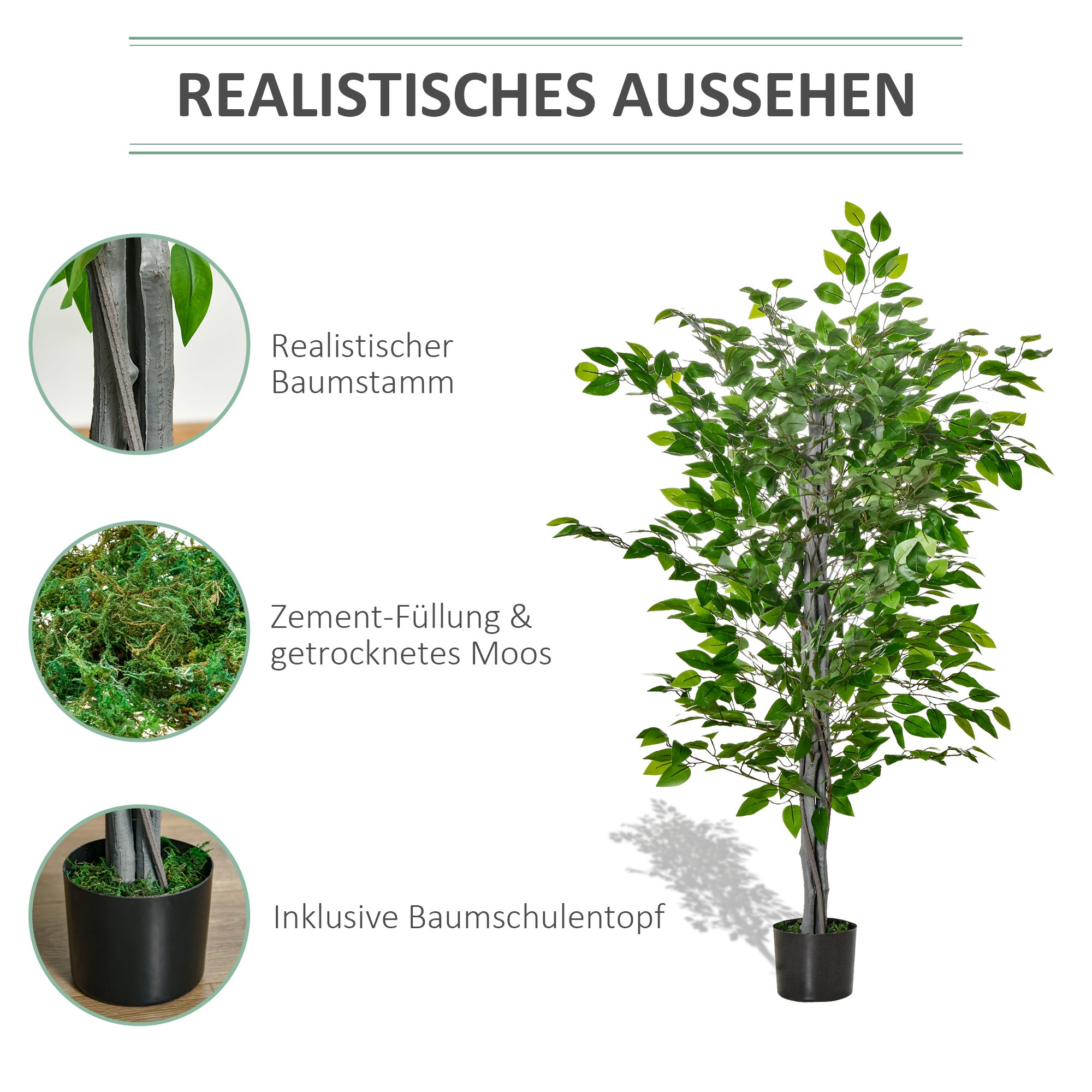 Arbre artificiel, ficus, aspect réaliste, pot en ciment, 135 cm, facile d'entretien, plastique, vert - 7