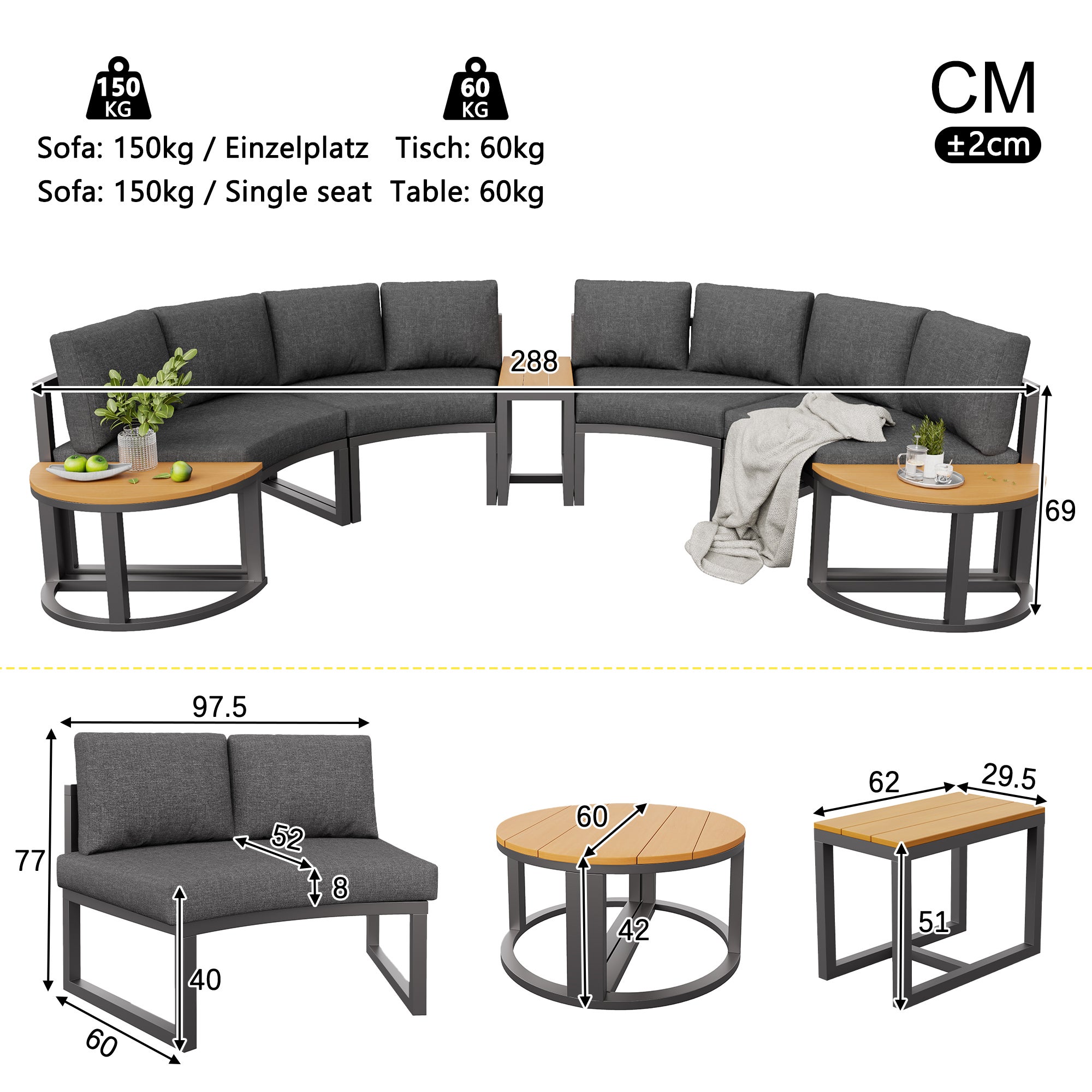 Salon de Jardin Exterieur pour 8 à 12 Personnes, Ensemble de chaises longues de jardin avec coussins et oreillers, Canapé Rond Gris - 7