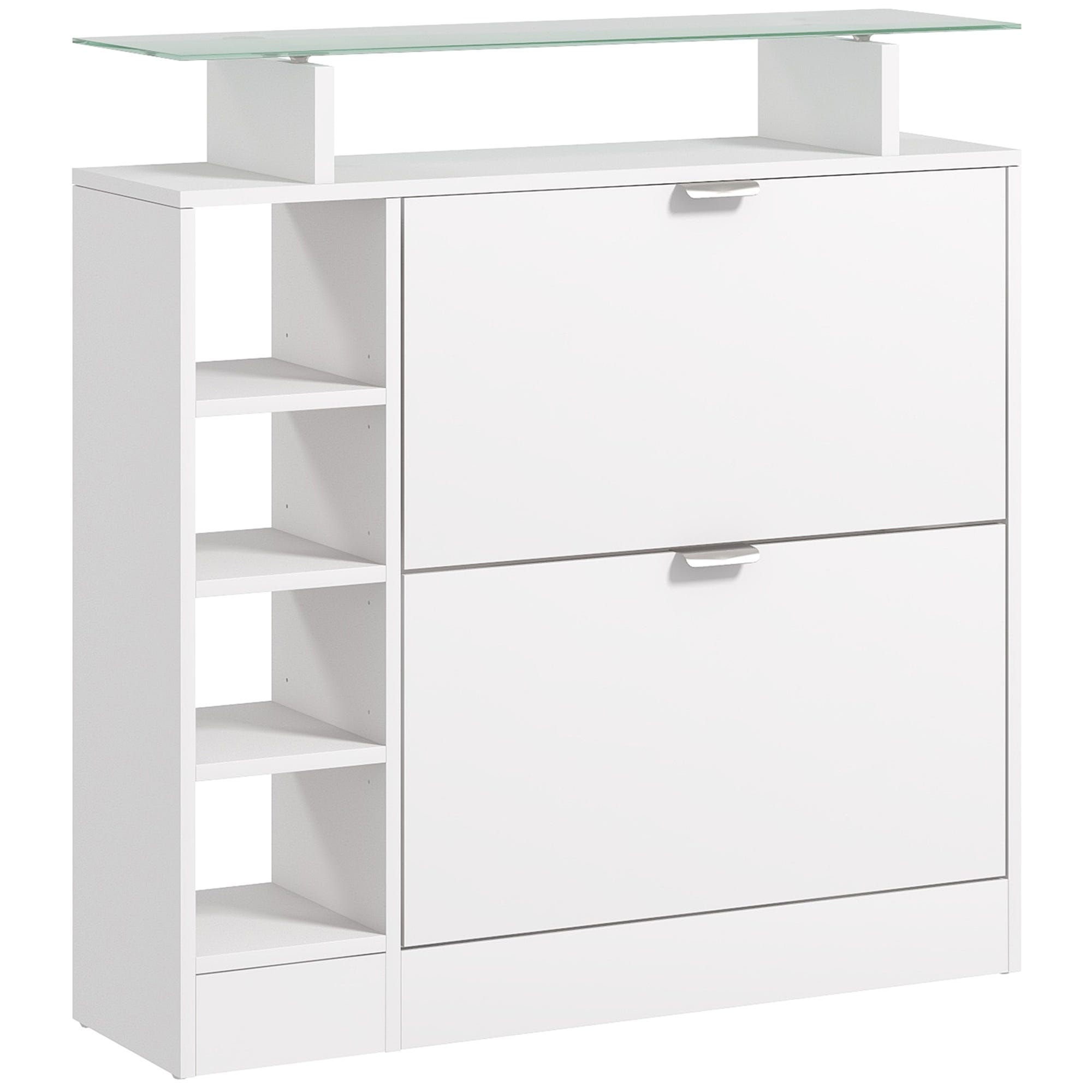 Meuble à chaussures d'entrée avec 4 portes et 2 tiroirs, étagères réglables - 18 à 24 paires de chaussures, 140x39x84 cm, blanc Meuble à chaussures d'entrée avec 4 portes et 2 tiroirs, étagères réglables - 18 à 24 paires de chaussures, 140x39x84 cm, blanc