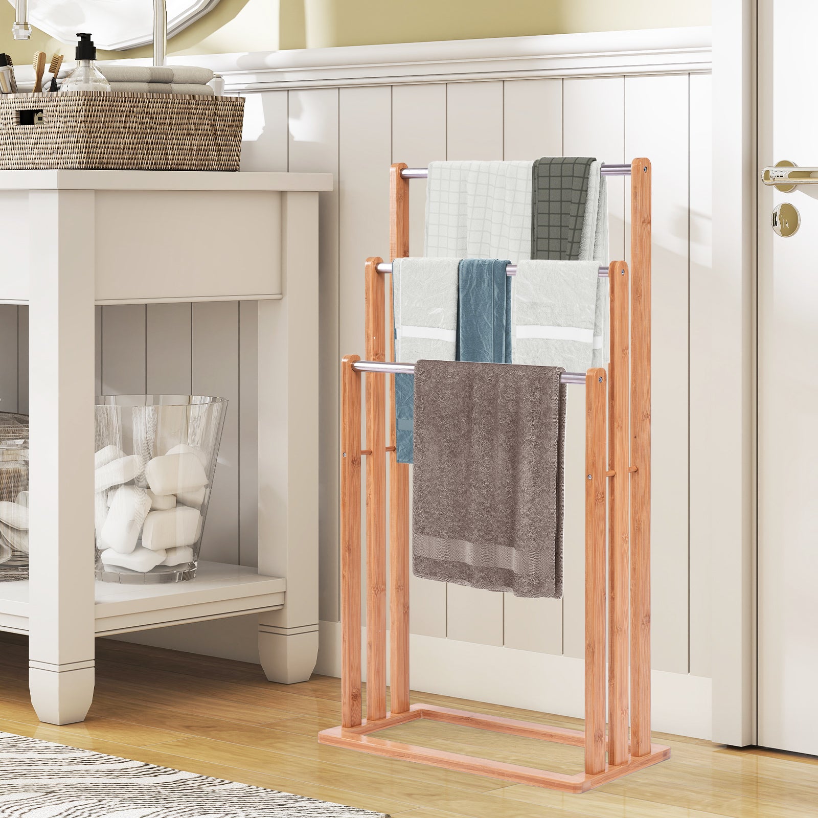 Portasciugamani in Bambù da Terra 46x24x84cm, Mobile Bagno con 3 Aste per Asciugamano in Acciaio Inox, Colore Naturale - 2