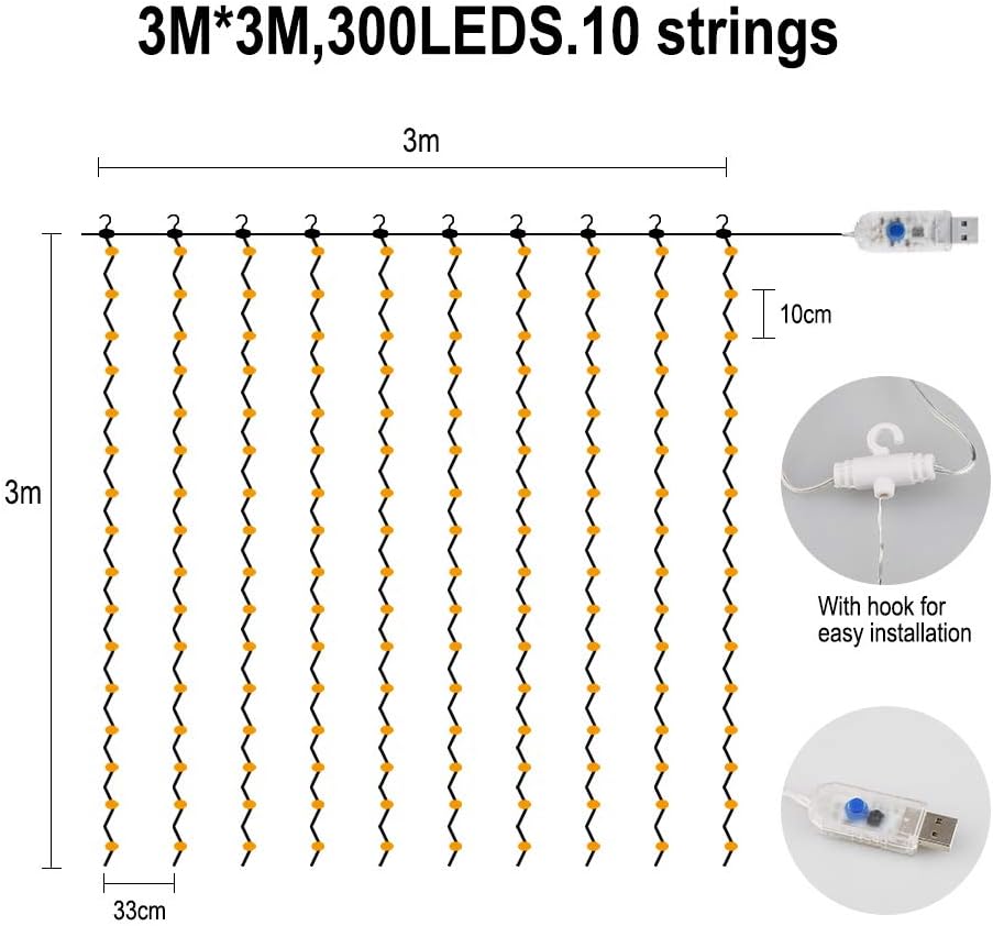 Rideau Lumineux, Fenêtre Guirlandes Lumineuses 300 LED 3m*3m, 8 Modes d'Eclairage, Ambiance pour Décoration- Blanc Chaud - 3
