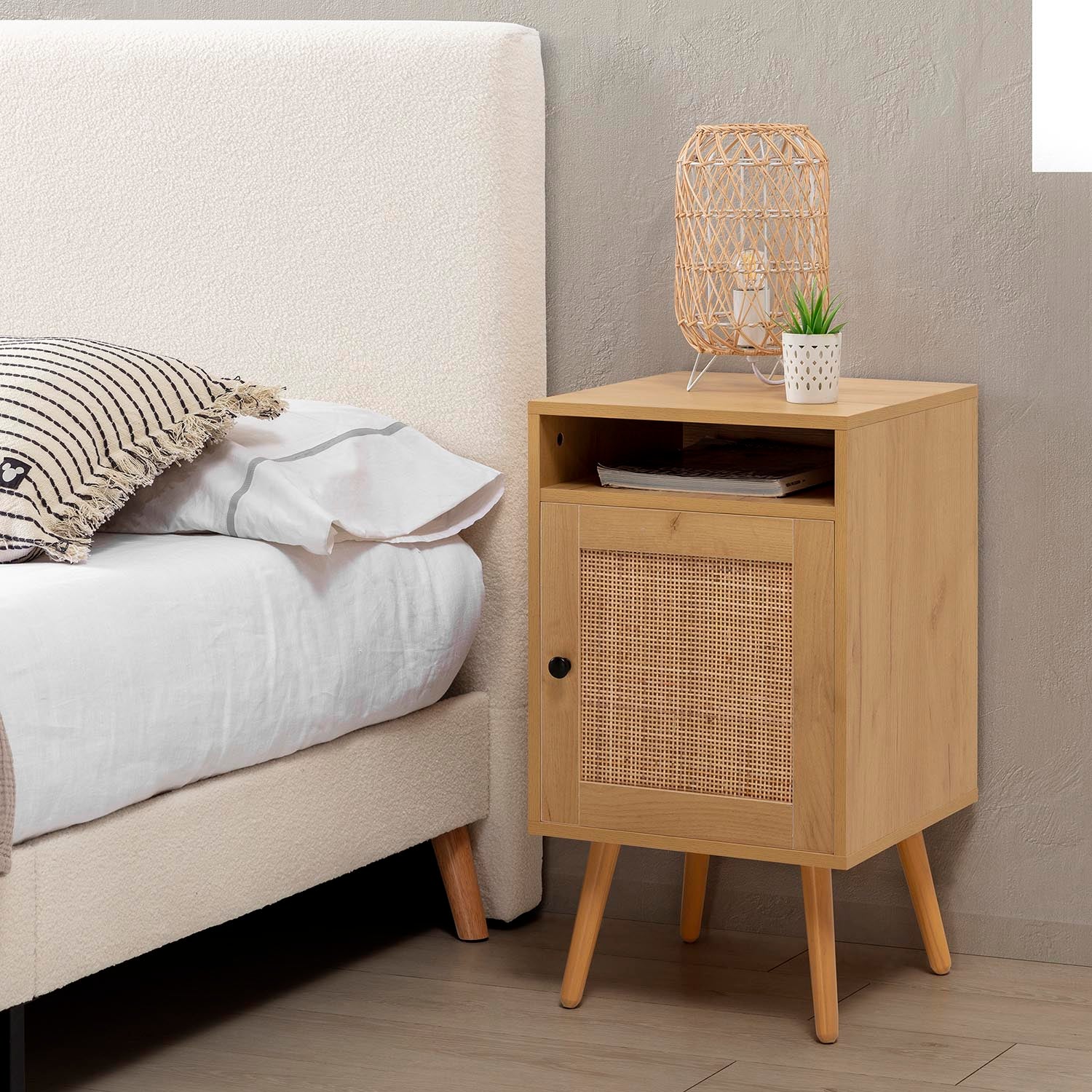 Table de Chevet Bella 1 Porte Couleur Chêne, Rotin Naturel - 9
