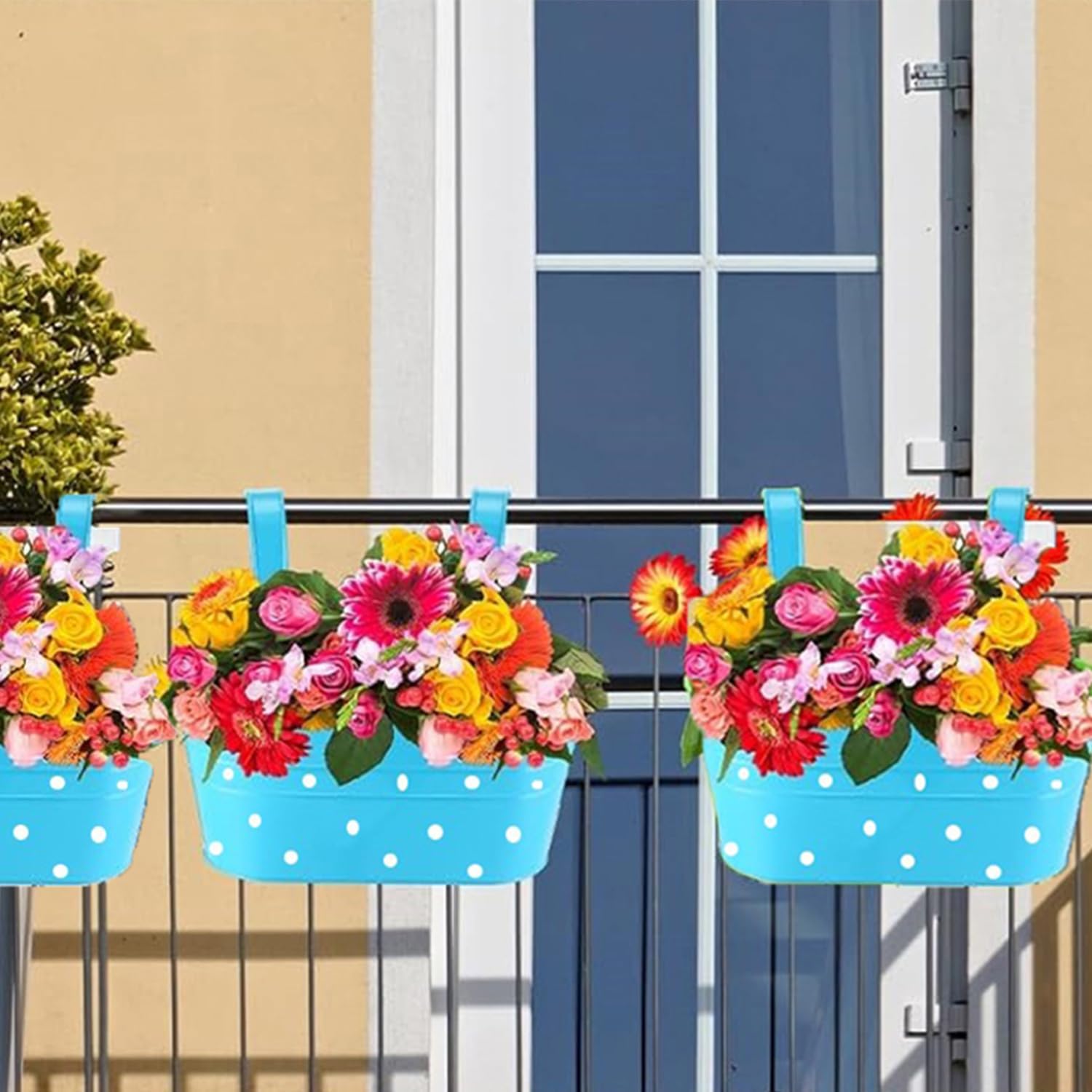 Lot de 4 pots de fleurs suspendus en métal avec trou de drainage - Avec double crochet amovible -Pour décoration de jardin et balcon -Bleu - 3