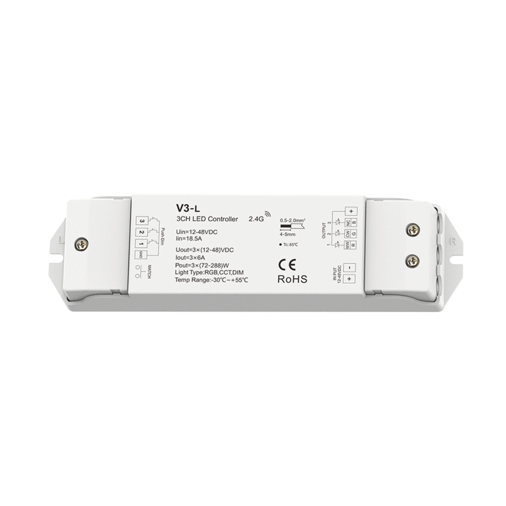 Controller RGB/CCT/Monocolore 12-48V DC - 18A (6A/canale) - RF 2.4G - Dimmer PUSH - Skydance - 2