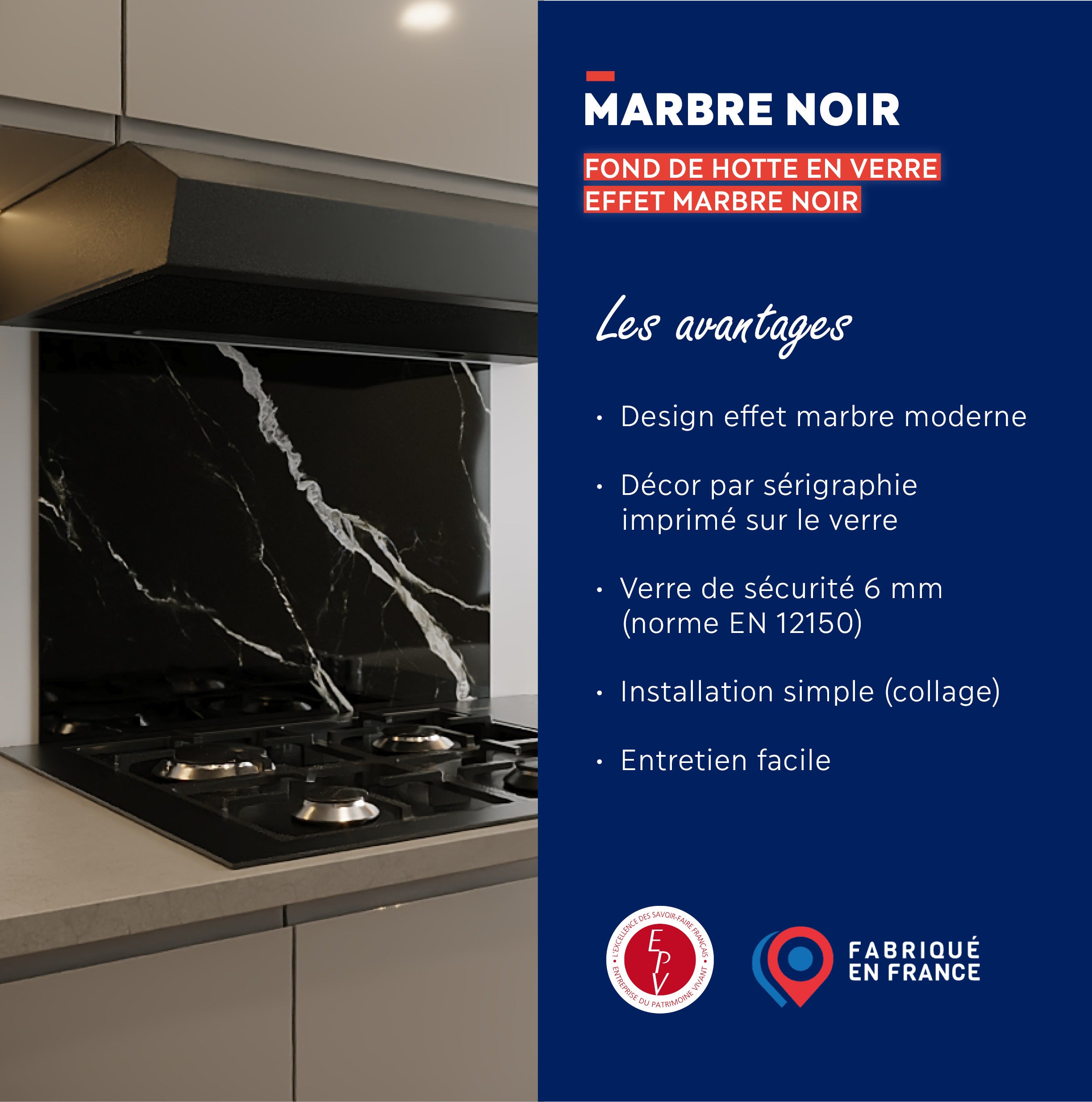 FOND DE HOTTE EN VERRE TREMPÉ EFFET MARBRE NOIR 70x60, 6 mm - 5 Kg - Fabrication Française AURYS NORMANDIE - 2