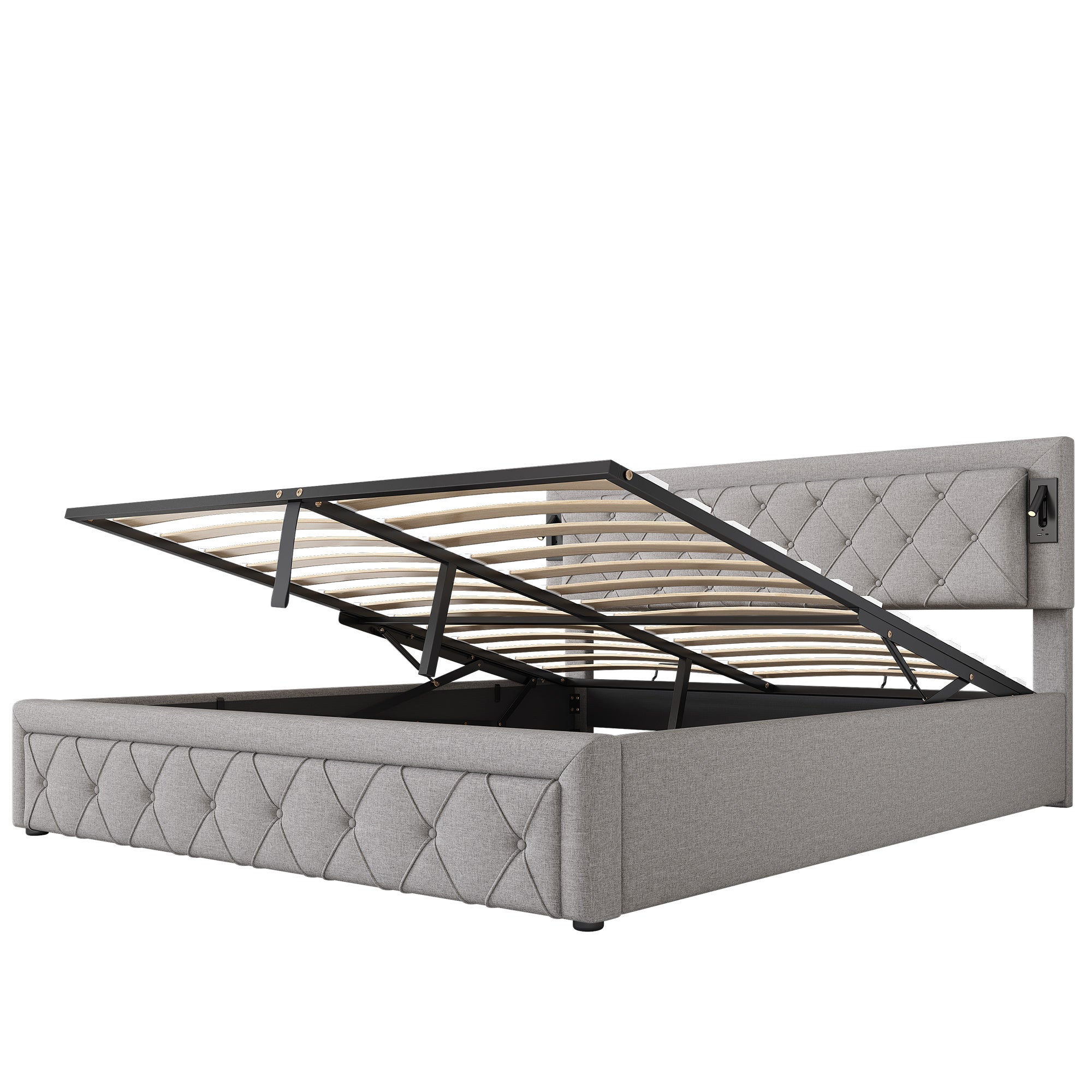 Cama contenedor de tela de lino 180x200 cm - con luz de lectura y toma USB - con somier - Gris - 8