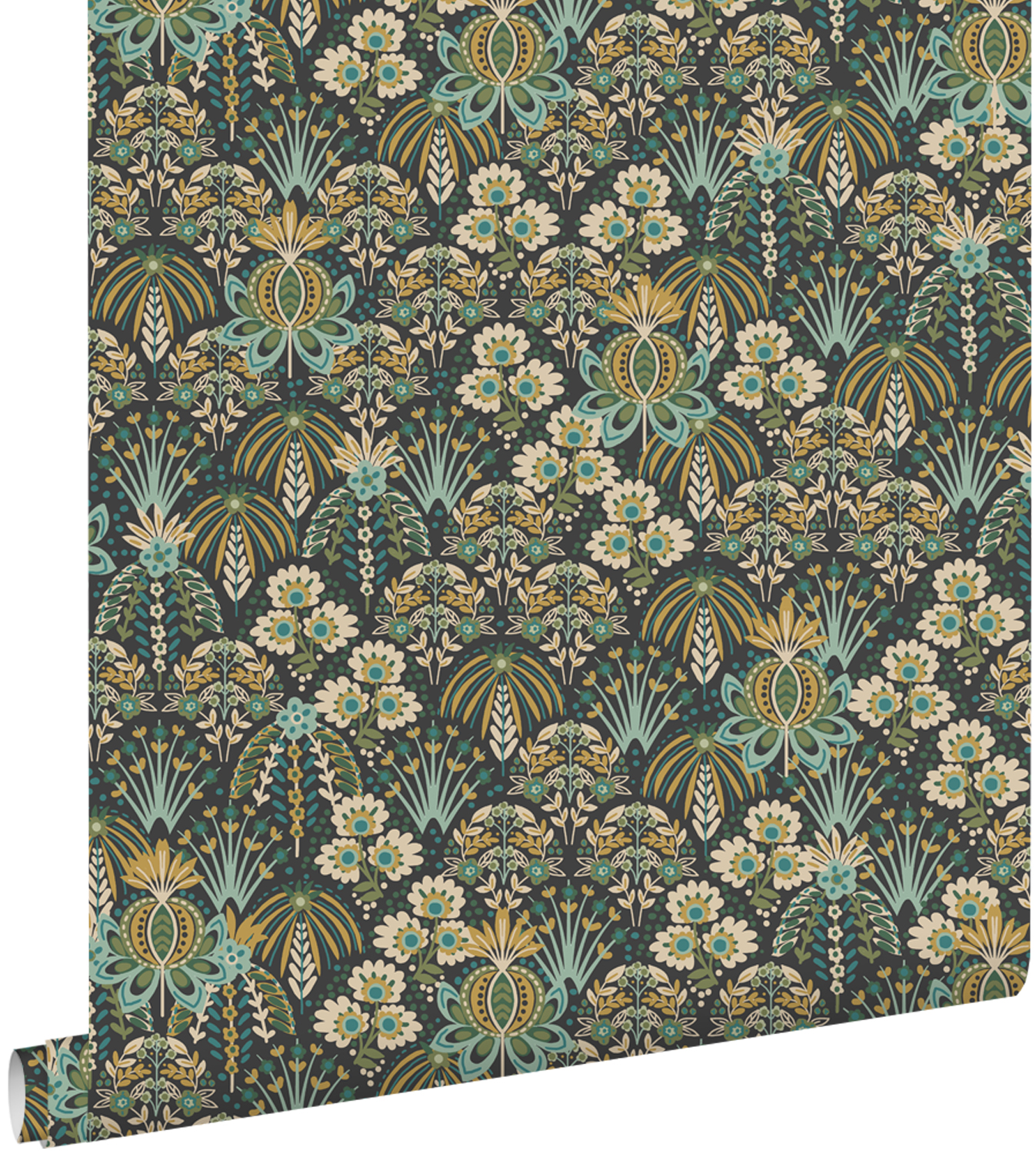 Papel pintado flores vintage en estilo art nouveau verde grisáceo, azul y beige - 50 x 900 cm - estahome