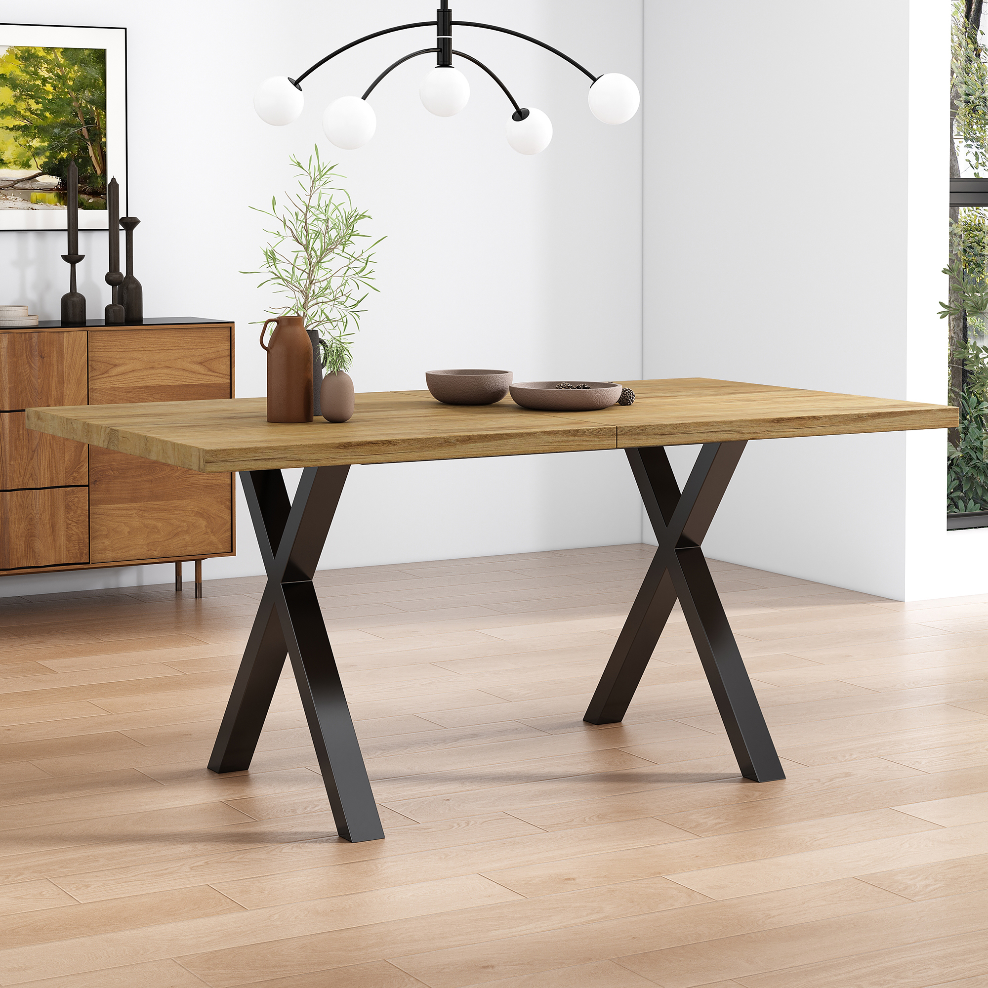 Mesa de comedor para 6 cubiertos, madera MDF + metal, negro y roble, 140 x 80 x 76 cm - 2