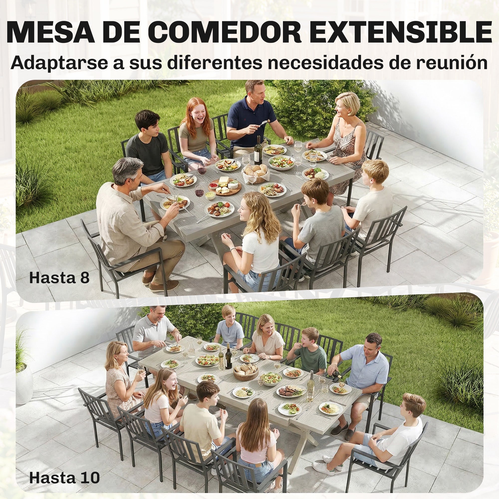 Gris - Table à manger extérieure extensible 154/214 cm pour 8 à 10 personnes, en acier aluminium doté de un plateau imitation bois - 6