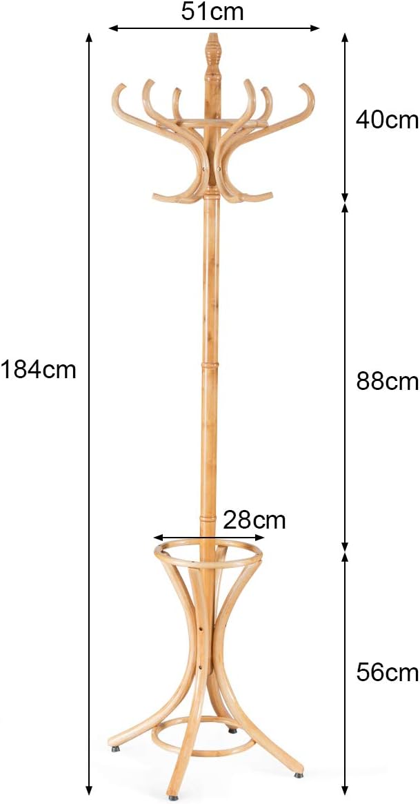 Porte-Manteau sur Pied en Bois Massif, 51 x 51 x 184 CM, 12 Crochets, Support Manteau/Parapluie/Chapeau, au Style Industriel, Couleur Chene - 6