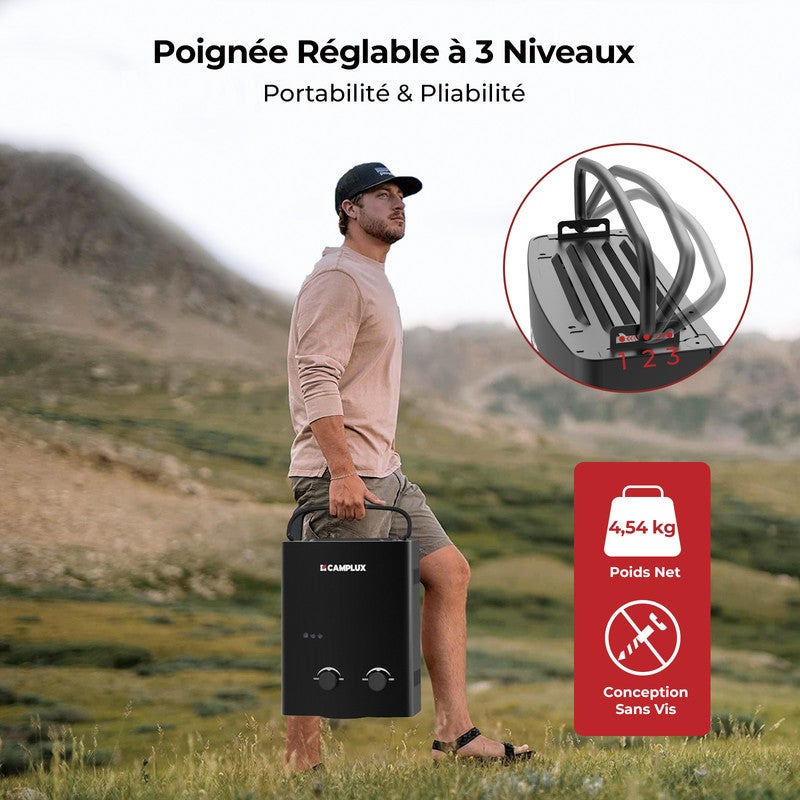 CAMPLUX AY132B Chauffe-eau à Gaz portables de 5L/min 10kW, Chauffe-eau instantanés au gaz propane/butane 30/37mbar Noir - 4
