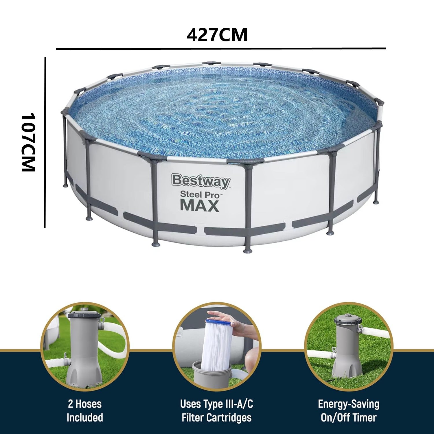 Kit de piscine hors-sol Premium : 427 x 107 cm – Inclut pompe de filtration et cartouche de type I Résistant à la rouille – Capacité de 3 440 gallons - 5