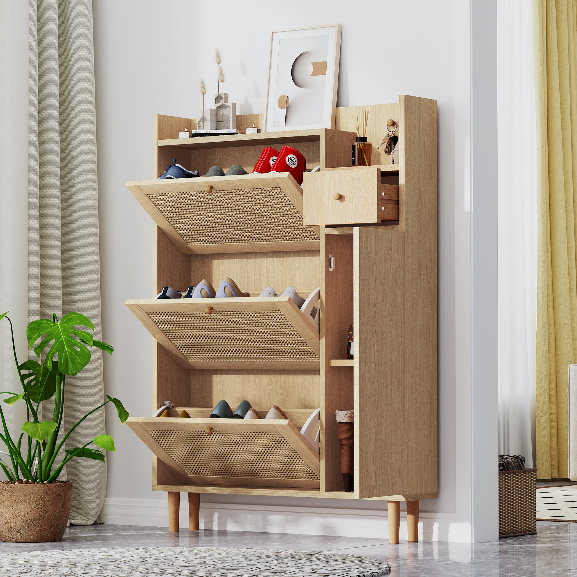 Armoire à chaussures en rotin, 3 portes battantes et 1 tiroir avec pieds et poignées en bois massif, dimensions: B90 / h125 / t17 cm - 4