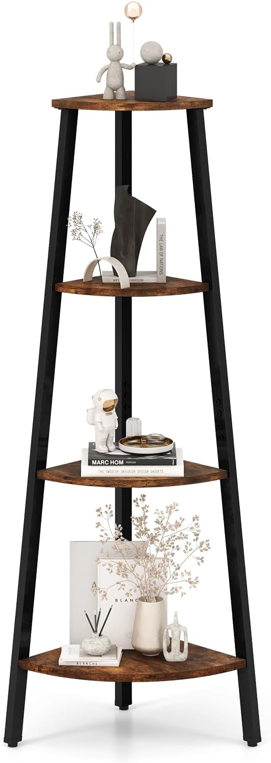 Scaffale angolare, libreria a 4 ripiani, supporto cavo intagliato