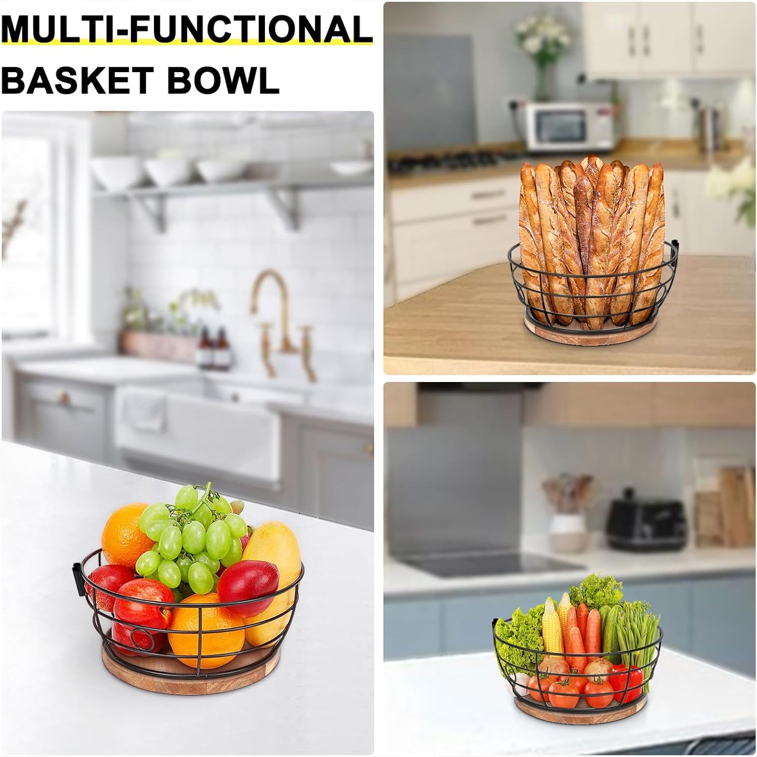 Set 4 cesti frutta con supporto per banane, ciotola elegante per cucina, contenitore per frutta e verdura, supporto pratico per tavolo - 6