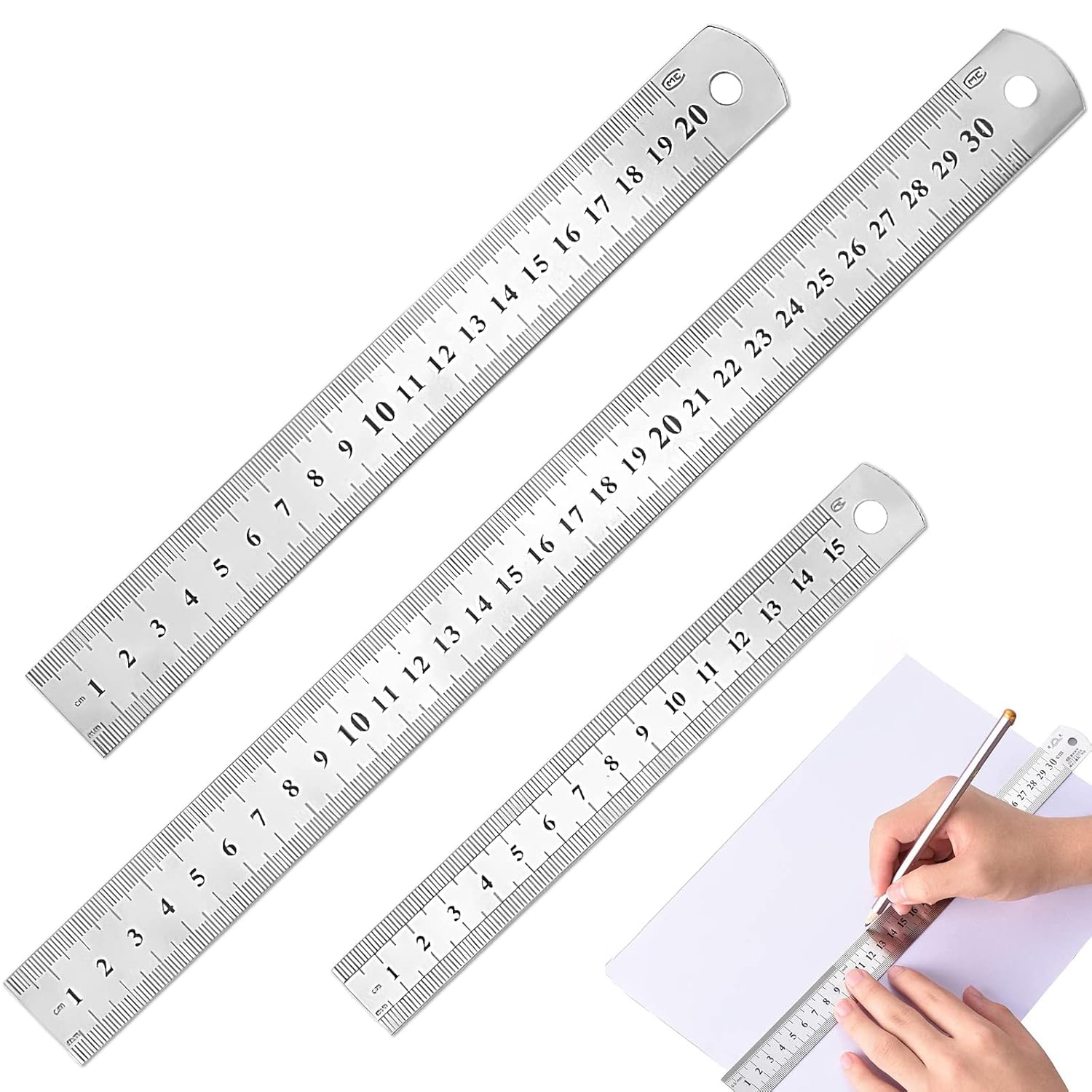 3 Sztuki Metalowych Linijek, Srebrna Linijka Ze Stali Nierdzewnej Do Mierzenia, Nauki, Pracy (Kolor Srebrny)