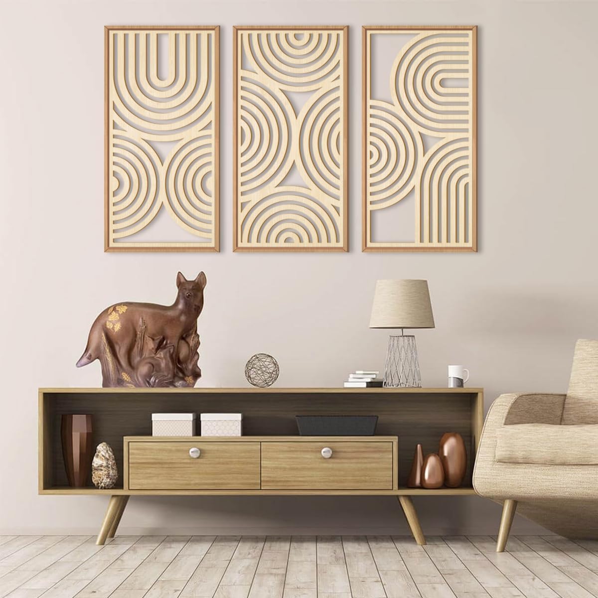 Lot de 3 tableaux muraux bohèmes en bois avec cadre, décoration murale style médiéval moderne, abstrait géométrique minimaliste，40 x 20 cm - 3