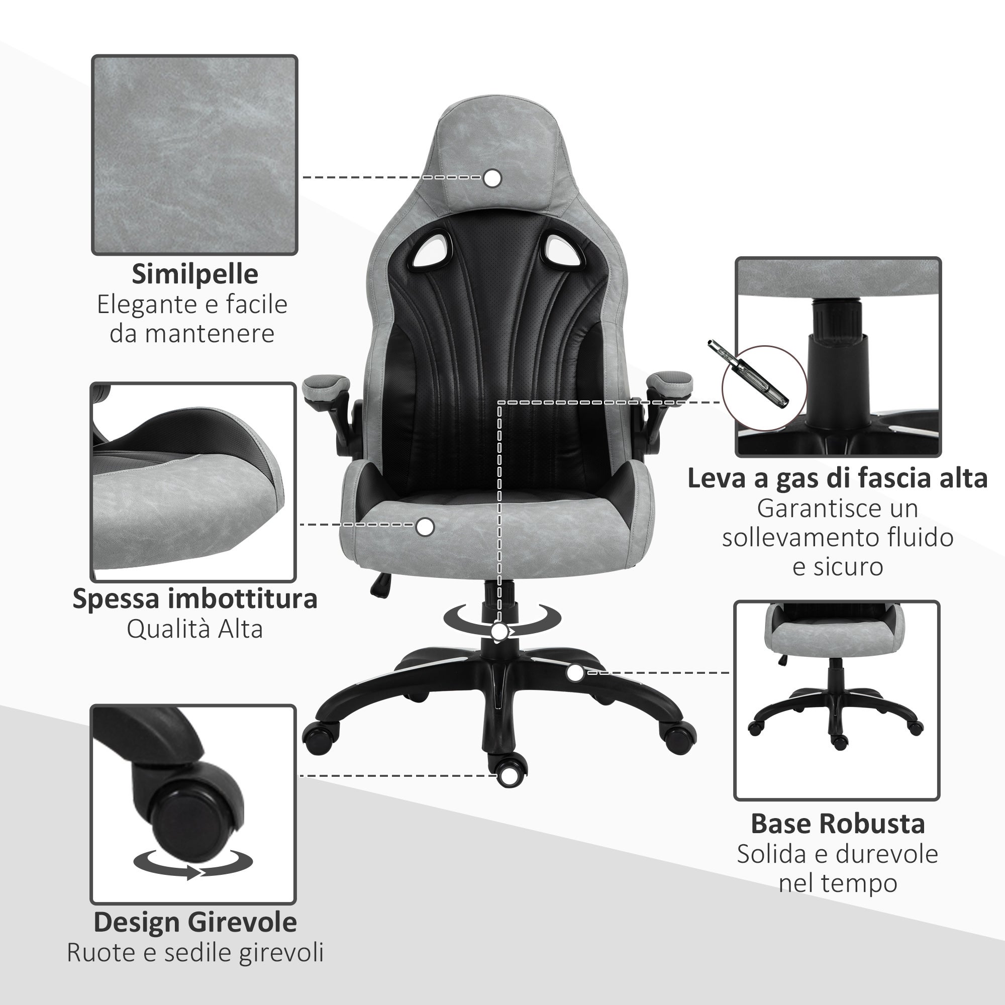 Vinsetto Sedia da Ufficio Poltrona Gaming, Ergonomica con Schienale Alto, Girevole e Altezza Regolabile, Nero e Grigio - 4