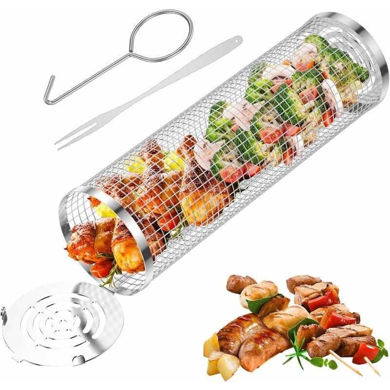 Koszyk do grillowania, obrotowy, ze stali nierdzewnej, koszyki do pieczenia na grillu z haczykiem (1 szt.)