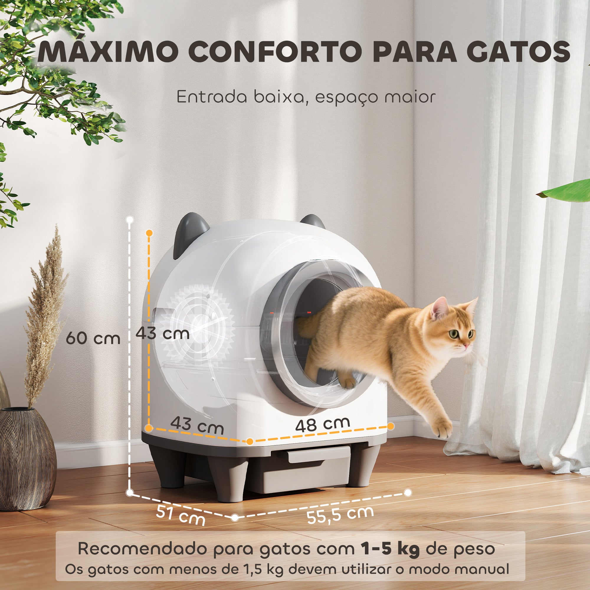 Caixa de Areia Autolimpante 80L com APP e Sensores Segurança 55x51x60cm Branco - 2