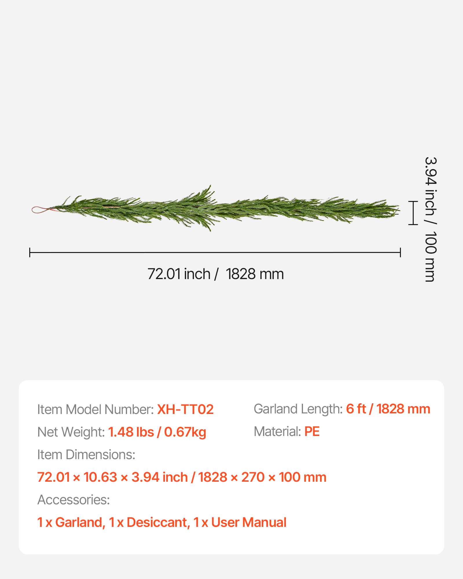 Grinalda de Natal,VEVOR 1,8 m,grinalda artificial de pinheiro da Ilha Norfolk,para interior,exterior,mesa,lareira,pendurados - 7