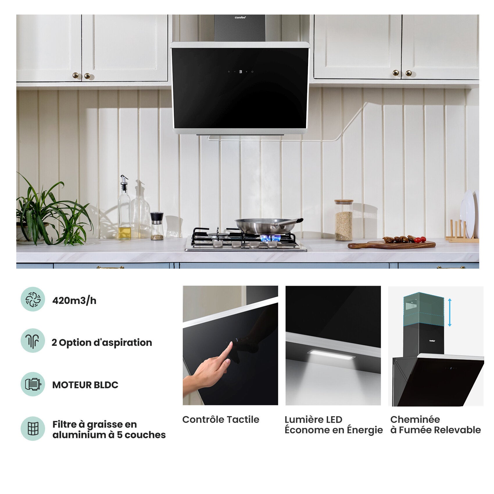 COMFEE Hotte Aspirante Inclinée 60cm 420m³/h Classe A+, Commandes Sensitives, BLDC Moteur, 3 Vitesses, 2 Filtres à Charbon, Verre Noir - 3