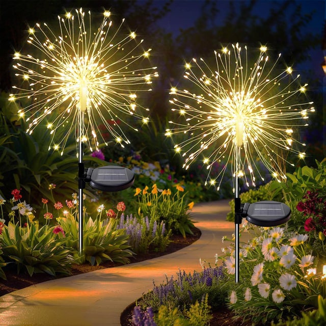 Lot de 2 lampes solaires extérieures 120 LED,effet feu d’artifice,IP65 étanche,8 modes d’éclairage,pour terrasse,jardin,chemins,décor blanc chaud